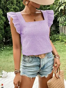 Summer purple and white gingham square neck blouse with feminine ruffle sleeves details