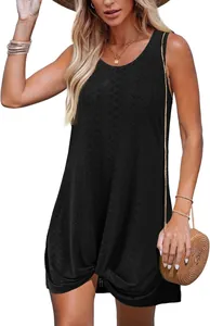 Detail of black sleeveless cutout beach dress featuring a stylish knot hem design.
