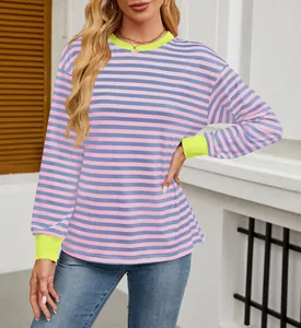 Detail of loose-fit striped long sleeve top with neon yellow crew neck and cuffs.