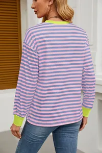 Back view detail of women's casual striped long sleeve top with neon yellow contrast trim