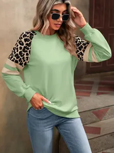 Vue détaillée d'un sweat-shirt vert menthe avec manches léopard et rayures beiges