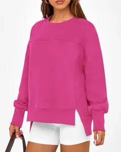 Sweat-shirt oversize rose vif à col rond et fentes latérales pour femme