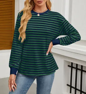 Loose fit green and navy blue striped long-sleeved crew neck top for women