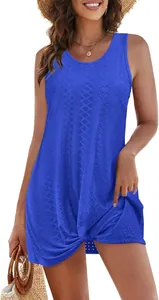 Royal blue hollow-out sleeveless beach dress with twist knot detail shown on model