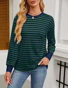 Detailed view of women's blue and green striped long sleeve top with round neck