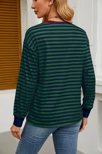 Back view showing the green and navy horizontal stripes of this casual loose top