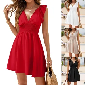 Vestito Mini da Donna con Scollo a V Manica a Farfalla Vita Increspata Casual Tinta Unita Elegante Estivo da Spiaggia Pullover con Volant