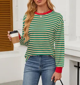 Women's casual loose green and orange striped long sleeve top with contrast red crew neck