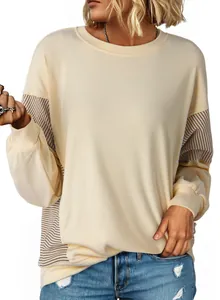 Close-up detail view of the striped color block panels on a casual crewneck sweatshirt