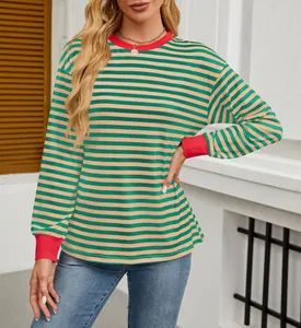 Casual loose-fit green and orange striped long sleeve top with red crewneck