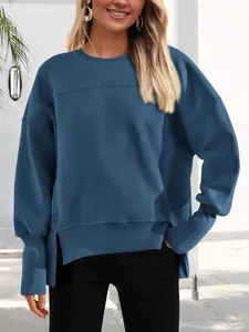 Sweat-shirt décontracté bleu à col rond avec manches longues et fentes latérales pour femme