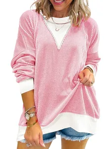 Casual pink and white color-block waffle knit sweatshirt for women with loose fit