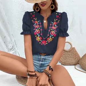 Blusa de gasa con cuello en V y mangas abullonadas bordada con flores para mujer