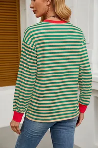 Back view of a fashion colorblock loose crew neck striped long sleeve top for women.