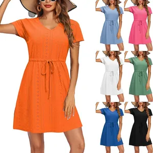 Damen Sommer V-Ausschnitt Eyelet Ausschnitt Kurzarm Kordelzug Taille A-Linie Mini Kleid Strand Cover Up Lässig Elegant Einfarbig