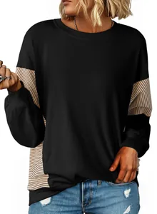 Front view of casual black and beige striped patchwork round neck long sleeve sweatshirt