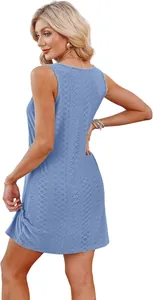 Side view of a blue sleeveless hollow-out summer beach vacation dress for women.