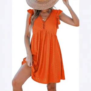 Orange V-neck eyelet lace dress with ruffle sleeves and summer hollow-out design for women
