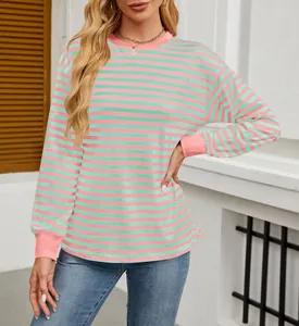 Detail of women's casual pink and mint green horizontal striped long-sleeved top