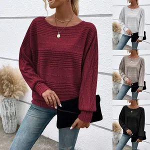 Women's Autumn Winter Ribbed Round Neck Batwing Sleeve Top Casual Loose Viscose Polyester Blend Long Sleeve Top For Women
