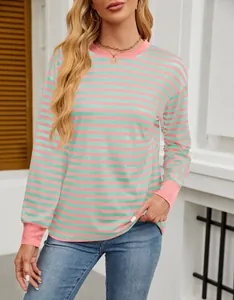 Casual loose fit round neck long sleeve top featuring pink and mint green horizontal stripes