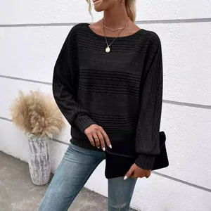 Elegant black ribbed batwing sleeve top with round neck perfect for casual autumn style