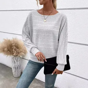 Casual light gray ribbed round neck batwing sleeve top for autumn and winter outfit