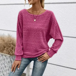 Mauve ribbed round neck long sleeve top with batwing sleeves for autumn winter fashion