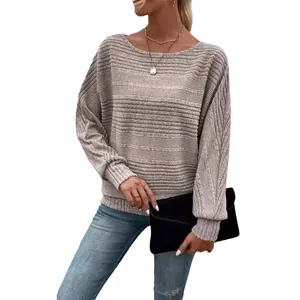 Casual women's ribbed crew neck batwing sleeve striped knit top for autumn winter
