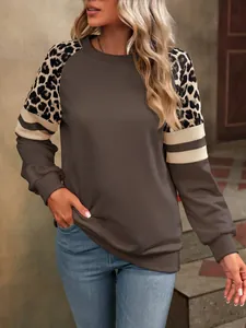Détail d'un sweat-shirt marron avec des accents léopard et des rayures crème aux manches