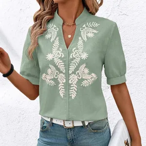Summer V-neck sage green cotton embroidered short sleeve casual blouse for women top