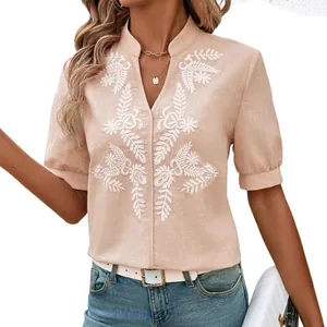 Summer V-neck cotton casual shirt with elegant white floral embroidery for women