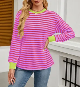 Fashionable pink and purple striped long sleeve top with neon green collar detail