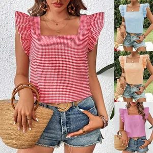 Women Plaid Gingham Ruffle Sleeve Blouse Summer Casual Square Neck Patchwork Pullover Top Sweet Vacation Short Sleeve Shirt