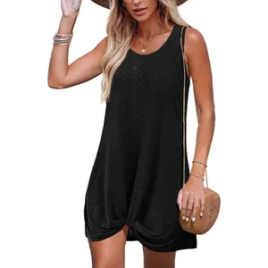 Elegant black hollow-out summer beach dress with a stylish twist knot hem detail