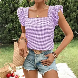 Summer purple and white gingham checkered square neck top with feminine flutter sleeves