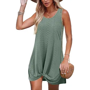 Sleeveless sage green hollow-out beach vacation dress with knotted hem and lace