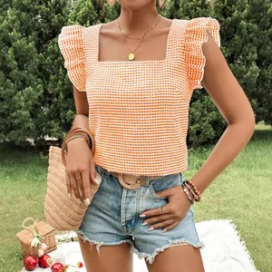 Vibrant orange and white gingham square neck blouse with stylish elegant ruffle sleeves