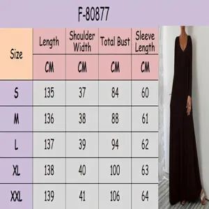 Detailed size chart and model view for long-sleeved V-neck solid color maxi dress
