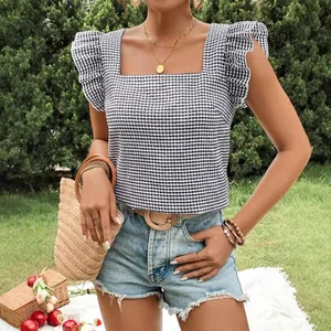 Stylish gingham square neck blouse with ruffle sleeves for casual summer outings.