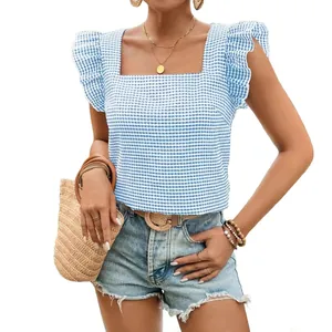 Stylish blue and white gingham square neck blouse with ruffle sleeves for casual summer wear