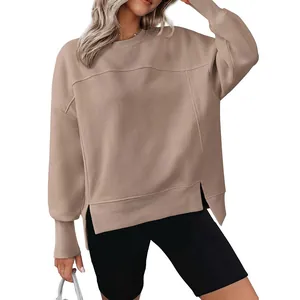 Sweat-shirt surdimensionné à col rond pour femme avec fentes latérales et manches longues