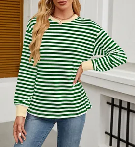 Detail of green and white striped long-sleeve top with yellow contrast crew neck