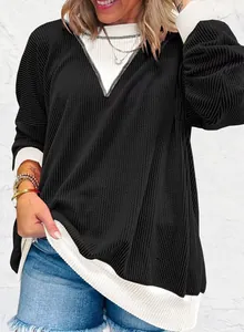 Detailed texture view of women's casual waffle knit color-block sweatshirt with long sleeves