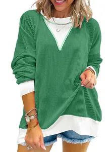 Detail of green and white color-block waffle knit long sleeve loose sweatshirt