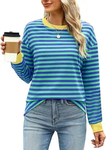 Close-up of vibrant color-block striped long sleeve top with yellow ribbed cuffs.