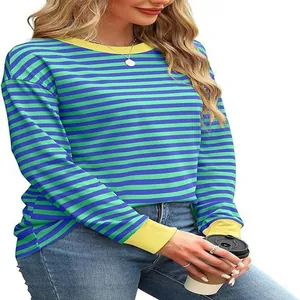 Close-up of blue and green striped long sleeve top with yellow contrast cuffs