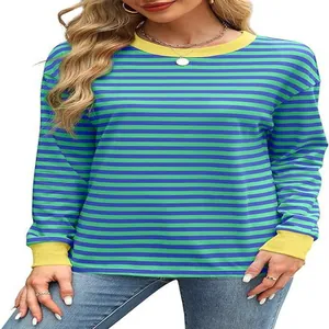 Close-up of vibrant blue and green striped long sleeve top with yellow contrast collar