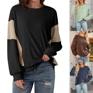 Women's Casual Striped Color Block Sweatshirt Fall Winter Round Neck Long Sleeve Pullover Loose Top Fashion Patchwork Streetwear