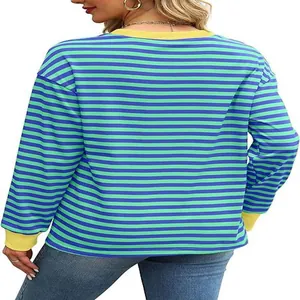 Back view of stylish women's striped long sleeve top with yellow cuffs and collar.